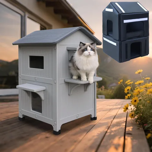 Miniatura 11 de Casa para gatos al aire libre, casas de 2 pisos al aire libre para gatos salvajes, refugio exterior de plástico, resistente a la intemperie