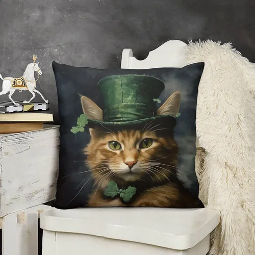 Miniatura 17 de Fundas de almohada de granja con diseño de feliz día de San Patricio con un gato en un sombrero de trébol, fundas de almohada de terciopelo
