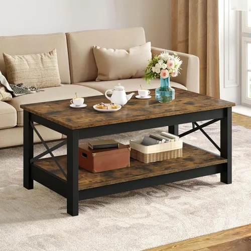 Miniatura 10 de YITAHOME Mesa de centro para sala de estar, mesa de café moderna de estilo granja con almacenamiento, mesa de centro de 2 niveles, mesa de acento