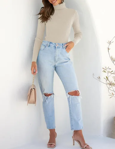 Miniatura 8 de ZESICA Camisas de manga larga de cuello alto para mujer, camisetas básicas de otoño, suéter de punto acanalado ajustado