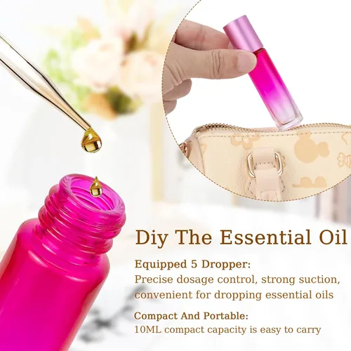 Miniatura 3 de Paquete de 10 botellas de vidrio de 0.3 fl oz para aceites esenciales, botellas enrollables de acero inoxidable, botella vacía para aceite