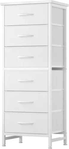 Miniatura 23 de Sweetcrispy Cómoda alta de tela para dormitorio, cómoda delgada de 6 cajones, torre de almacenamiento estrecha con parte superior de madera y marco