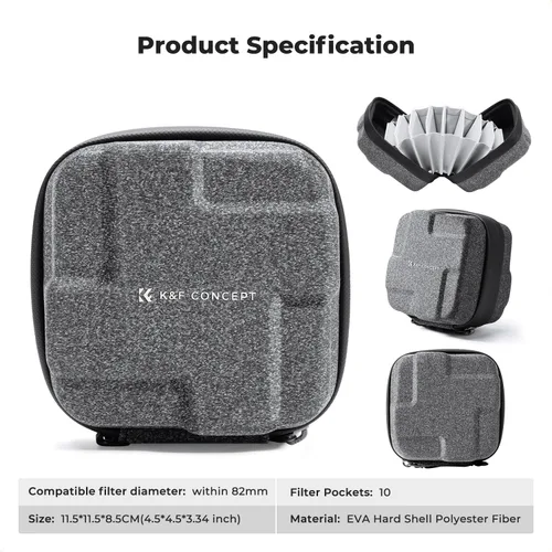 Miniatura 7 de K&F CONCEPT Estuche para Filtros de Lente 10 en 1, Funda de Filtro de Cámara de Cáscara Dura Hasta 82mm con Correa de Mano, Billetera