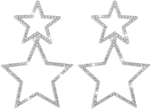 Rhinestone Big Star Dangle Earrings for Women Girls Hypoallergenic Crystal Long Tassel Stars Charms Drop Dangling Stud Fashion Lightweight Festival
