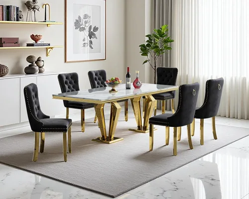 Miniatura 94 de Juego de mesa de comedor de mármol sintético, 7 piezas, juego de mesa de cocina y comedor para 6, mesa de comedor rectangular blanca de 70 pulgadas