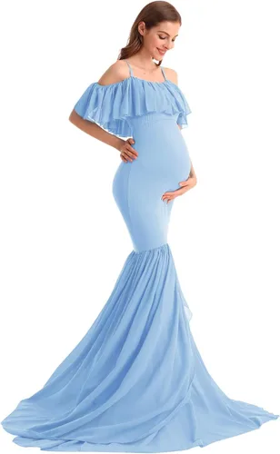 Miniatura 17 de MYRISAM Vestido de maternidad con volantes y hombros descubiertos para mujer, vestido de fiesta de sirena de gasa, vestido ajustado