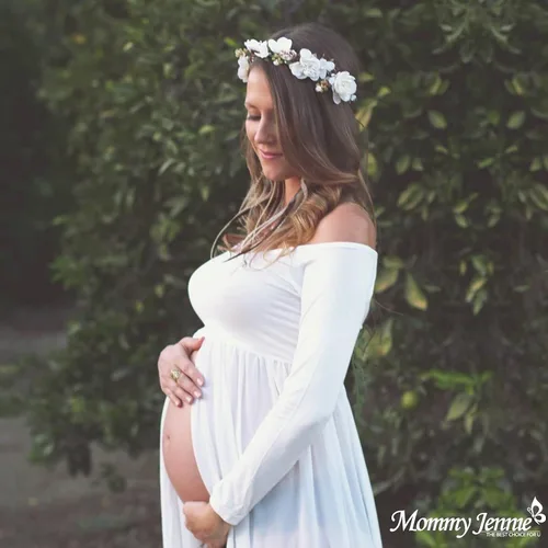 Miniatura 2 de Mommy Jennie Vestido de maternidad con hombros descubiertos, manga larga, frente dividido, vestido de gasa para sesión de fotos
