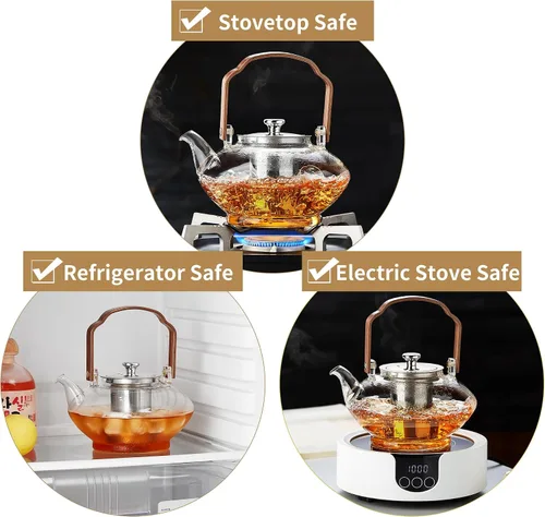 Miniatura 4 de UNBREAKABLE -Tetera de vidrio de 46 onzas con infusor y tapa de acero inoxidable, resistente al calor de vidrio de borosilicato para estufa