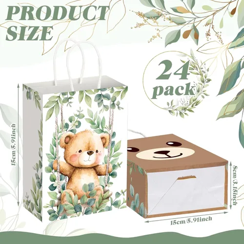 Miniatura 2 de Yeaqee - 24 bolsas de regalo de papel con asas para fiesta de oso lindo tema de oso con asas, bolsas de dulces para baby shower, fiestas de bosque
