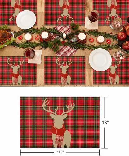 Miniatura 7 de Juego de 4 manteles individuales de reno de Navidad para mesa de comedor, alce de Navidad con bufanda, a cuadros de búfalo rojo, verde, duradero