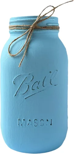 Centro de mesa de tarro de masón azul claro, tarro envejecido pintado a mano de 32 onzas, decoración rústica de granja para baby shower, bautismo,