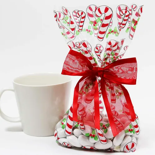 Miniatura 3 de Saybrook Products Bastones de caramelo de celofán de Navidad con lazo de organza con lazo de organza Twist-Tie Juego de 10 bolsas reforzadas de 11 x