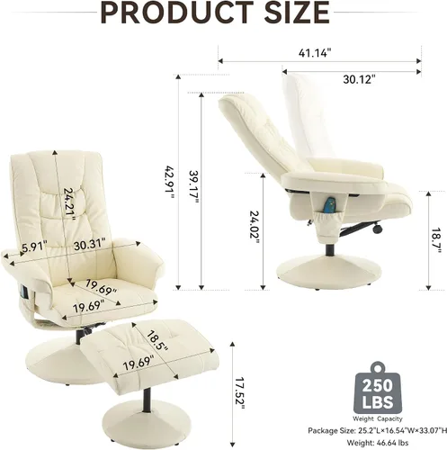 Miniatura 3 de Silla reclinable con otomana, silla de masaje giratoria de 360° con reposapiés, masaje de vibración de 5 puntos, calefacción de asiento y respaldo