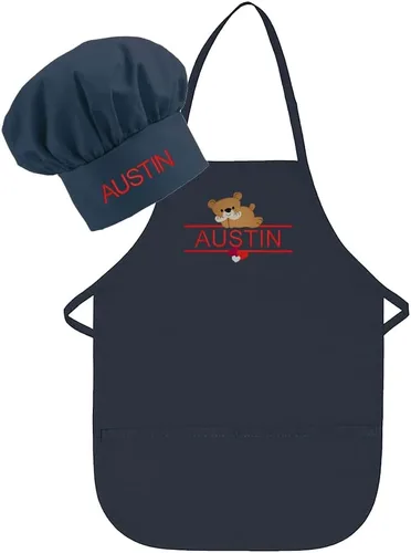 Miniatura 8 de Conjunto de delantal y sombrero personalizado para niños, diseño de animales, añade tu propio nombre para niños, cocina, horneado Blanco