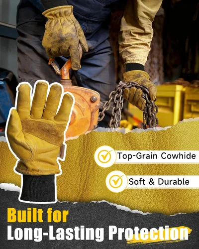 Miniatura 5 de DULFINE Winter Leather Work Gloves for Men and Women,3M Thinsulate Lining for Cold Weather Work, Thermal Insulated Gloves Amarillo/muñeca de punto