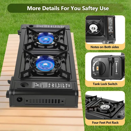 Miniatura 5 de Estufa de butano de doble quemador, kit de estufa de butano para acampar con bandeja para hornear y funda de transporte, quemador portátil