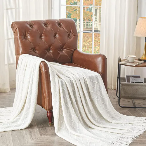 Miniatura 8 de inhand Mantas de punto para sofá y cama, manta de punto suave y acogedora con borla, mantas decorativas ligeras y mantas decorativas, manta tejida A