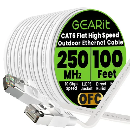 Miniatura 32 de GEARit Cable Ethernet plano Cat 6 para exteriores (15 pies, negro) Chaqueta LLDPE clasificada para entierro directo – Cat6 blindado FTP 10Gbps