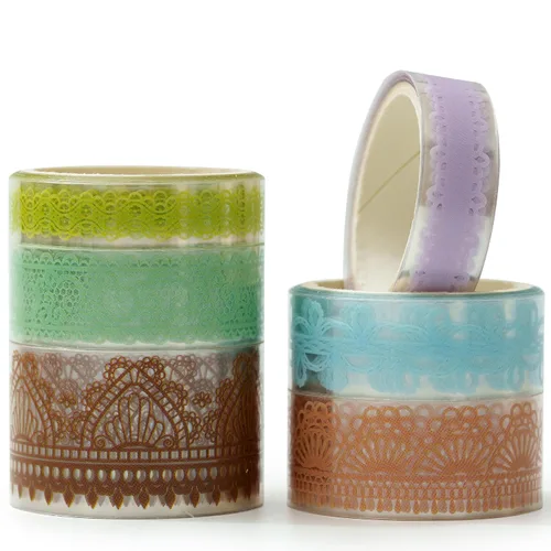 6 rollos de cintas de PET con patrones de encaje, arte floral, juego de cinta decorativa adhesiva transparente de enmascarar para manualidades DIY,