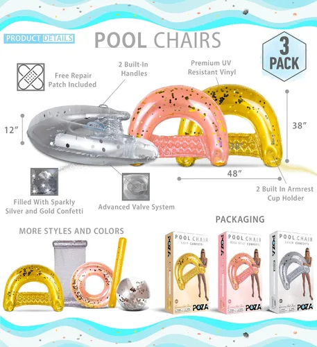 Miniatura 2 de POZA Silla flotante inflable para piscina, tumbona lujosa rellena de confeti brillante, 2 portavasos y asas integrados, silla flotante de agua