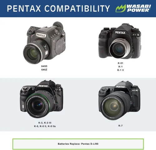 Miniatura 2 de Wasabi Power Batería (paquete de 2) y cargador USB dual para Pentax D-LI90 y Pentax 645D, 645Z, K-01, K-1, K-1 II, K-3, K-3 Mark III, K-5, K-5 II