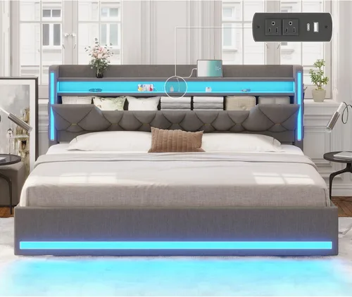 Miniatura 11 de busyaeh Base de cama Queen con cabecera de almacenamiento, marco de cama de metal con luces LED y estación de carga, cama Queen tapizada