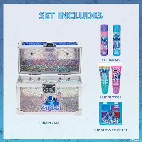 Miniatura 2 de Disney Stitch Beauty Mini Train Case Set incluye tubo de brillo de labios, bálsamo labial, brillo de labios compacto para fiestas de niñas, fiestas