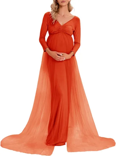 Miniatura 2 de ZIUMUDY Vestido de maternidad de tul con hombros descubiertos para sesión de fotos, vestido de fotografía ajustado de manga larga para baby shower