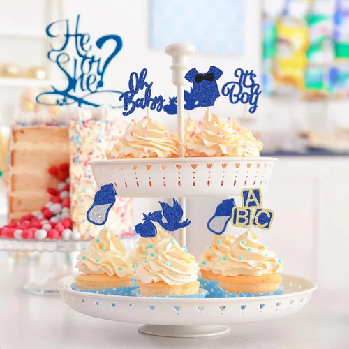 Miniatura 5 de 24 piezas de decoración para cupcakes de baby shower Oh Baby con moño, botella para niño, azul profundo, purpurina para pasteles, decoraciones