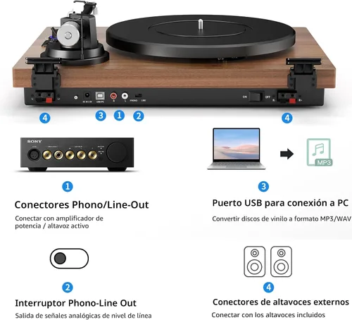 Miniatura 7 de Sistema de tocadiscos Bluetooth HiFi con altavoces de estantería de 36 vatios, reproductor de discos de vinilo con diseño patentado con cartucho