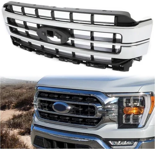 KUAFU Parrilla para parachoques delantero compatible con Ford F150 2021-2023 Sport Lariat, reemplazo para ML3Z-8200-FA, cromo plateado+negro