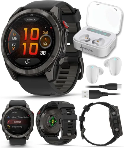 Miniatura 44 de Garmin Fenix 8 – 2 pulgadas, reloj inteligente multideporte GPS AMOLED, zafiro, titanio con banda de silicona naranja brillante/grafito, linterna