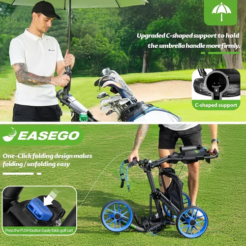 Miniatura 7 de EASEGO Golf Push Cart 3 Wheel : Golf Bag Cart Foldable with Phone Holder/Cup/Umbrella Holder Compact Golf Pull Carts Quick Fold Golf Caddy Push