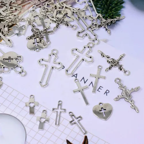 Miniatura 8 de yueton 60 dijes de aleación con forma de corazón y cruz, colgantes de la suerte, colgantes de oración para llaveros, aretes, pulseras, collares