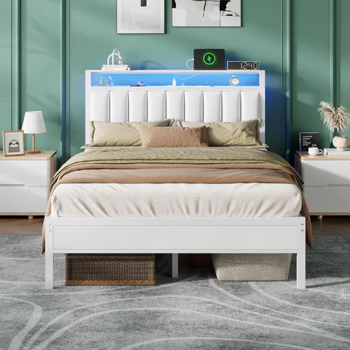 Miniatura 10 de Furnulem - Base de cama tamaño Queen con estación de carga y luces LED, cama de plataforma con listones de metal, cabecera tapizada gris con Roble