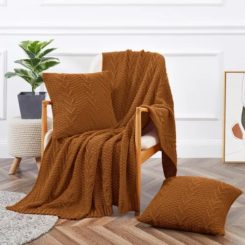 Aormenzy Manta de punto (50 x 60 pulgadas) y 2 fundas de almohada (18 x 18 pulgadas), juego de 3 piezas, color marrón óxido, mantas decorativas para