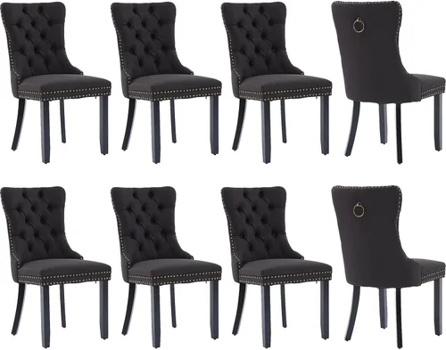 Miniatura 100 de Juego de 4 sillas de comedor de terciopelo, sillas tapizadas con respaldo de alas altas copetudas con ribete de cabeza de clavo y anillo