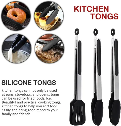 Miniatura 6 de Juego de 3 pinzas de cocina de 12 pulgadas, pinzas de silicona con puntas de silicona y mango de acero inoxidable, pinzas para cocinar, hornear