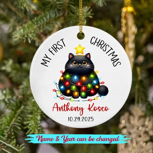 Miniatura 2 de Adornos de cerámica personalizados con texto en inglés «My First Christmas», bonito adorno de Navidad de gato para bebés, niños, primer recuerdo