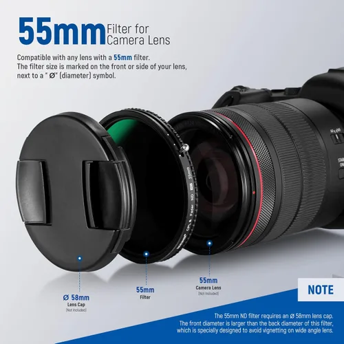 Miniatura 9 de NEEWER 2 en 1 Filtro ND Variable de 55 mm ND2–ND32&CPL (Filtro Polarizador Circular) Sin X Cross/30 Capas Nano Recubierto/Vidrio Óptico HD/Marco