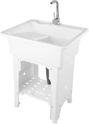 Miniatura 18 de Fregadero de Lavandería de Plástico Independiente con Tabla de Lavadero, Fregadero Utilitario para Interiores y Exteriores con Grifo de Agua Fría
