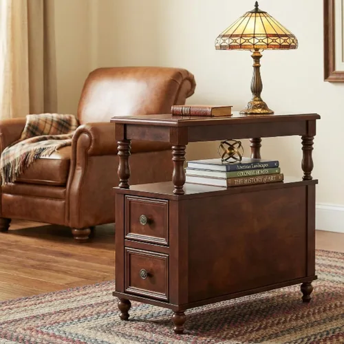 Miniatura 10 de Tribesigns Mesa auxiliar de madera con acabado negro con 2 cajones, mesitas de noche delgadas de madera de mediados de siglo con estante