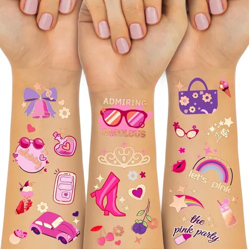 Tatuajes Temporales Impermeables - 128 piezas de Tatuajes Falsos Groovy para Fiestas de Cumpleaños de Niñas, Princesas, Bolso Arcoíris, Zapatos,