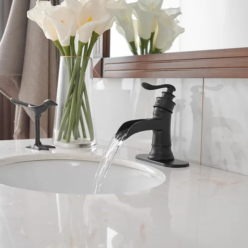 Miniatura 7 de BWE - Grifo de baño negro mate con cascada para lavabo, estilo granja, para tocador de baño, de un solo agujero, con una manija, mezclador