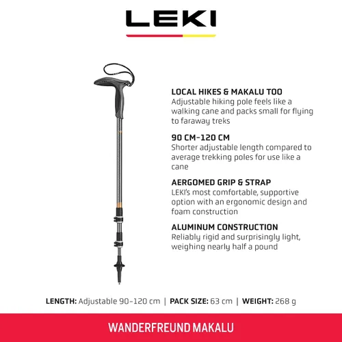 Miniatura 2 de LEKI Wanderfreund Makalu - Bastón de senderismo ajustable de aluminio (individual) para senderismo y senderismo, color negro, antracita y cobre