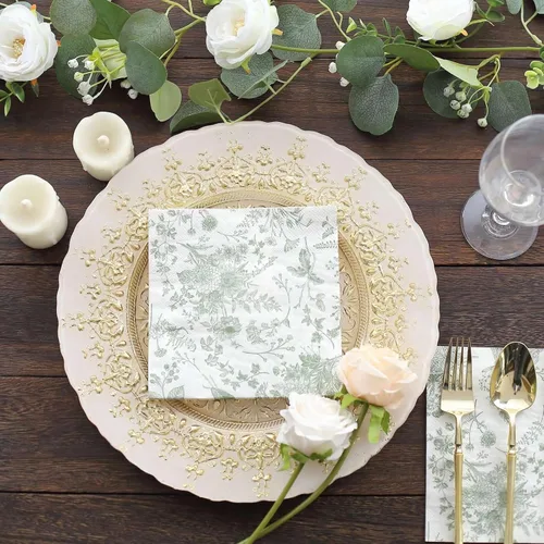 Miniatura 9 de Efavormart - Paquete de 20 servilletas de papel con estampado floral blanco y verde salvia, altamente absorbentes, suaves, de 2 capas, desechables