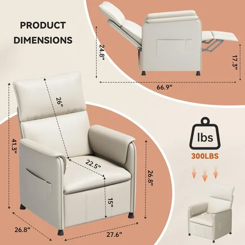 Miniatura 2 de Silla reclinable, reclinable eléctrico ajustable de piel sintética con control remoto y respaldo acolchado, asiento de sofá individual reclinable