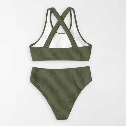 Miniatura 3 de Traje de baño de dos piezas acanalado sin espalda para mujer, traje de baño de cintura alta de 2 piezas