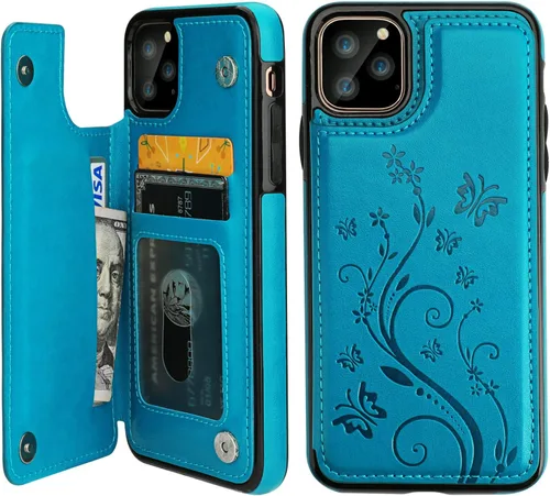 Vaburs Funda para iPhone 11 Pro Max con tarjetero, diseño de mariposa en relieve de piel sintética de alta calidad, doble cierre magnético, a prueba