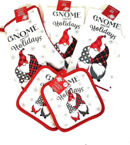 Greenbrier Gnomos internacionales para las fiestas. Juego de cocina de Navidad de 5 piezas. 2 toallas de cocina, 2 soportes para ollas y 1 guante de